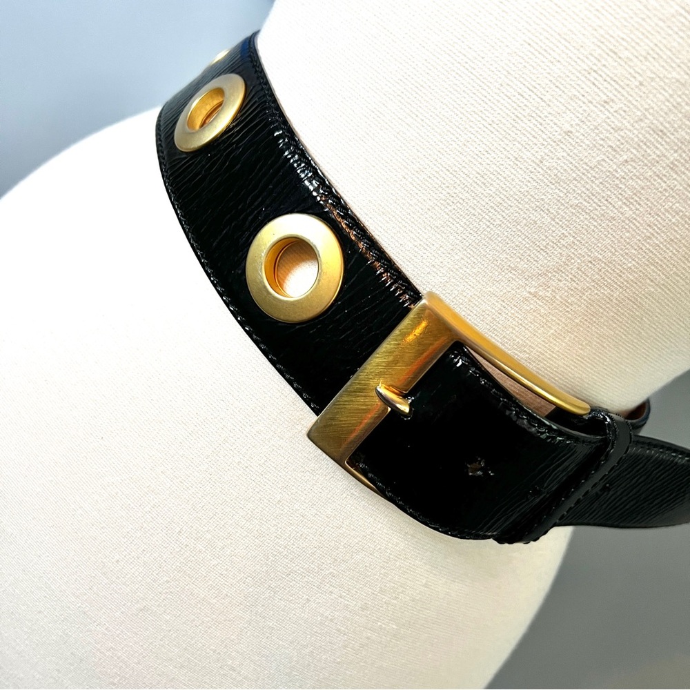 Donna Karan Vintage Black Leather Belt with Gold Grommets